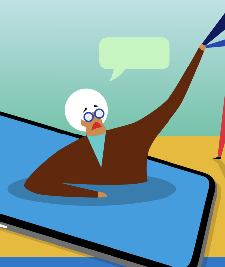 Een persoon die in zijn smartphone verdrinkt wordt gered door een ander persoon die aan de rand staat van de smartphone. De smartphone lijkt op een zwembad 